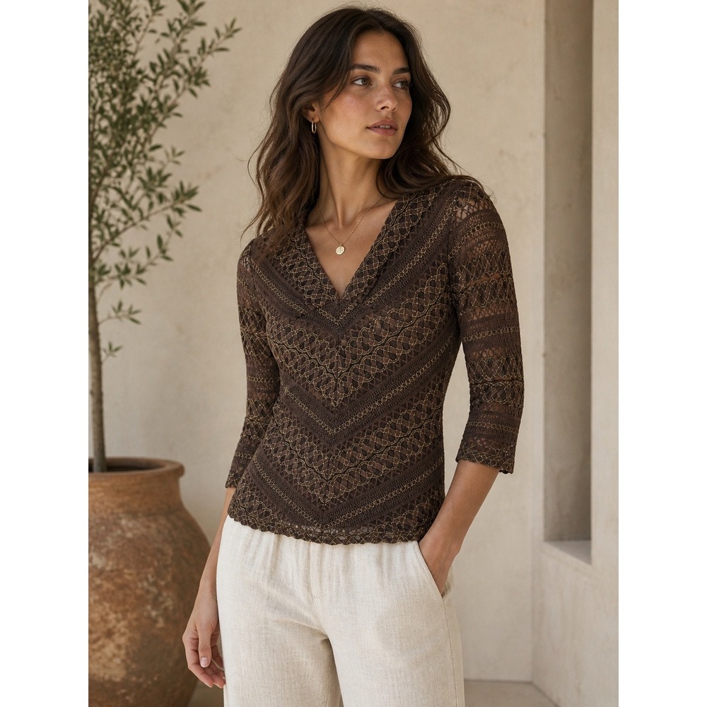 Wrapper Womens Small Brown Lace Metallic Chevron V-Neck 3/4 Sleeve Top Y2K